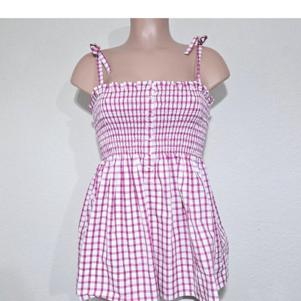 Liz Claiborne Smocked Tie Shoulder Top Pink White Plaid Checks Cami
